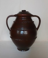 Őrség folk pottery pot with lid, Hungarian szombat wood, beautiful dark walnut brown, glazed, 80s