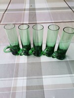 Zöld színű üveg italos pohár, Régi italos pohár készlet, pálinkás üveg kinalo