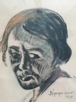 János Nyergesi: portrait, original marked, mixed media, 1930