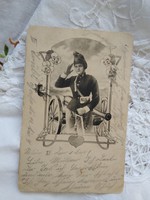 Antique long-addressed Art Nouveau Austrian postcard, lady in military uniform, sword, cannon 1902