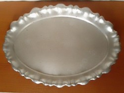 Large, old, silver-colored, patinated metal tray, offering, with raised edge