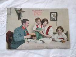 Antik i. World War II hand - painted postcard / photo sheet soldier and his family, Hungarian poem 1915