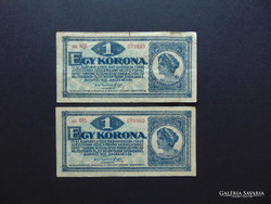 2 darab 1 korona bankjegy 1920 Sorszámkövető !
