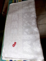 Antik fehér, monogramos damaszt abrosz, asztalterítő  140 x 180 cm