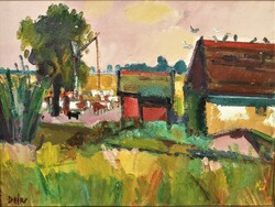 Doór Ferenc (1918-2015) 'Watering' c. Képcsarnok painting 86x66cm Original with Guarantee!