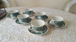6 Pcs. Old, green Villeroy & Boch Fasan cups and saucers