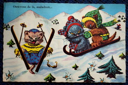 Vintage humoros grafikus képeslap  síelő rémisztő cicák
