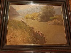Kárpáty Jenő (1870-1950) Vízparton című festménye 83x63cm