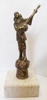 Harlequin musical clown, bronze sculpture on artificial stone plinth, rare antique artifact.