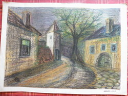 Artistic study drawing by Andrea Szakács (pastel) without frame - street view, signed!