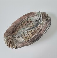 Raku kerámia tál, halakat formázó ,lábakon álló dísz/kínáló-33 cm