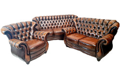 A580 beautiful 3-2-1, antique cognac-colored original English chesterfield leather sofa set