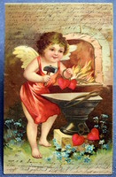Antik dombornyomott üdvözlő litho képeslap angyalka kovácsműhely üllő szívek