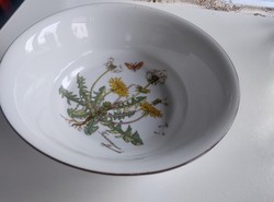 Mély, nagyobb méretű, pitypangos, botanikai jellegű képpel díszített porcelán tál. 6 cm mély, 21 cm