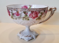 Antik rózsamintás vékonyfalú talpas porcelán csésze