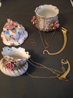 Beautiful antique Italian hand-painted flower basket hanging on a chain, 3 pieces in one