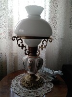 Table-night lamp with copper base and fixture, hand-painted ceramic body, chandelier shade.