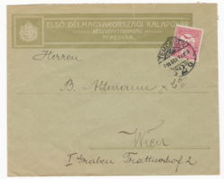 Első Délmagyarországi Kalapgyár Temesvár Bécsbe 1914-ben küldött levelének borítékja