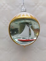 Régi üveg karácsonyfadísz vitorlás hajós nagy üvegdísz