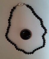 Old polished onyx necklace with matching branded set onyx stone pin