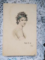 FOGLALT!Szecessziós, hosszúcímzéses színezett rézkarc/metszet szignózott képeslap, hölgy portré 1900