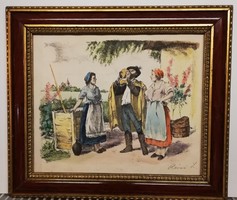 Signed, colored etching (km. 30.5 X 35.5 Beautiful, matching frame)