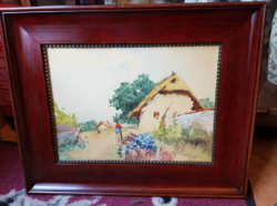 Original neograd Antal watercolor painting of village life in a mahogany frame