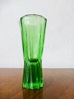 Retro zöld üveg váza, gerezdes üveg váza