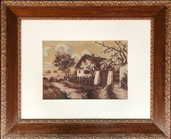 Glazed tapestry picture in a carved wooden frame