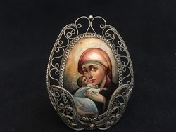 An icon painted on a Russian shell, in a filigree frame!!