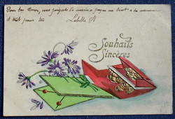 Antik dombornyomott  litho üdvözlő grafikus képeslap  pénztárca aranypénz boríték virág