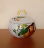 Fruit patterned Italian round earthenware ceramic jar jam or honey sugar bowl hand painted,