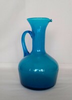Csodaszép kék formába fújt huta üveg füles váza, kiöntő, kancsó, 1800-as évek vége, hibátlan, ritka