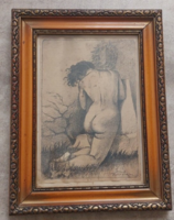 (K) rare Imre Ványaa (Nagyvárad) nude graphic with 22x28 cm frame