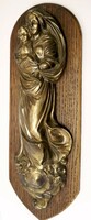 Madonna with Jesus. Can be hung on the wall with a wooden back plate with a pewter relief bronze coating. Baroque style.