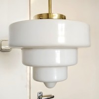 Art deco - streamlined copper ceiling lamp renovated - stepped milk glass shade