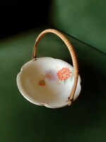 German porcelain serving bowl with flower pattern, woven bamboo handle, basket, marked