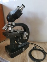 Old gamma works with binocular electro microscope accessories, in a wooden box