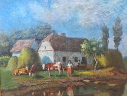 Village life - oil painting in the style of Ivány Grünwald
