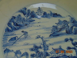 Japanese bowl hand-painted under antique arita glaze with high mountain landscape, pagodas, bay, fishing