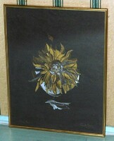 SZÁNTÓ PIROSKA : "SÁRGA DÁLIA" arany-ezüst rajz/festmény 65 x 50,5 cm. keretezve