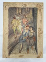 Anna rank: Renaissance scene - illustration for Villon's ballads (collection piece!)