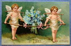 Antik dombornyomott  üdvözlő litho képeslap angyalkák fogata nefelejcs csokor