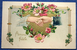Antik dombornyomott litho képeslap arannyal esküvői évfordulóra emléklap kézfogó
