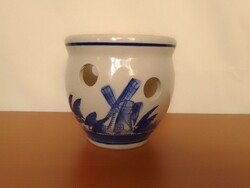 Blue and white hand-painted Dutch glazed earthenware onion holder caspo pot mill sailing ship landscape