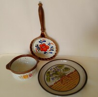 Three similar kitchen utensils and bowls with a beige polka dot base and a flower-fruit pattern, with a small physical defect :)