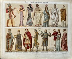 Antique Historical Costumes Print Color Print Lithograph - Paper - Greek, Egyptian, Knight, King,