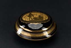 E.M porcelain, small bowl decorated with 24 carat gold, holder, , scene.