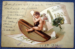 Antik dombornyomott 1904/5 Újévi üdvözlő litho képeslap angyalka tapperon 4levelű lóhere