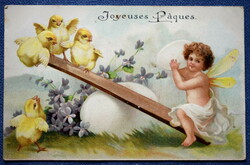Antik dombornyomott Húsvéti üdvözlő litho képeslap tündér csibék tojás